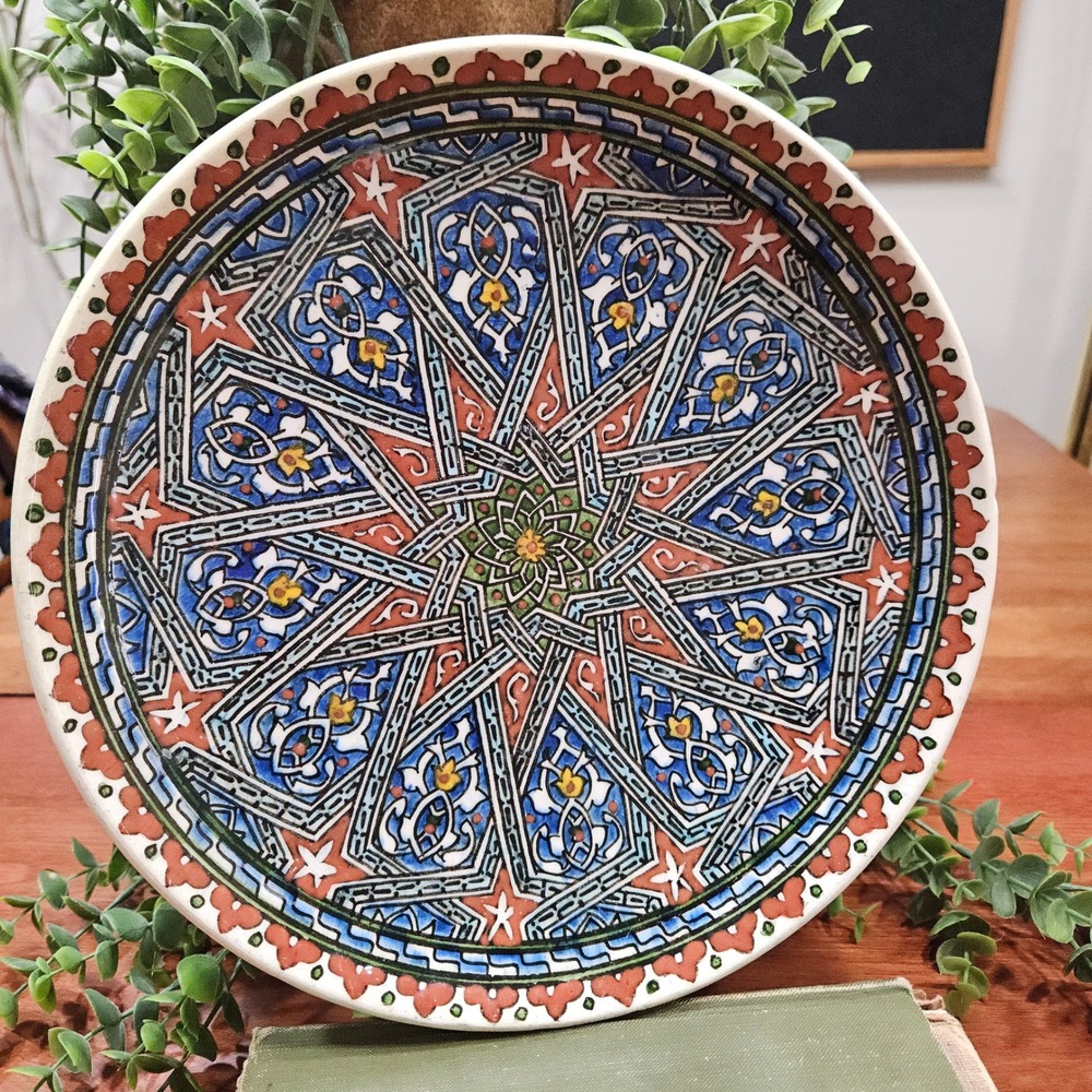 Vintage Kütahya Turkey Hand Painted Iznik Style Ceramic Plate Blue Red Geometric